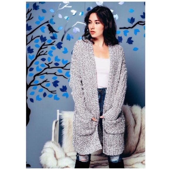𝅺LONG Open Cardigan In Heather Gray - Picture 1 of 8